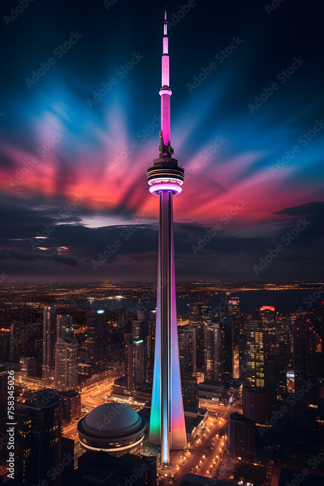 Naklejka premium Mesmerizing Night View of CN Tower Illuminated by a Vibrant Light Show