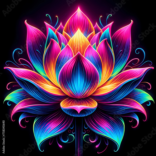 vVibrant neon lotus glowing in pink, blue, and yellow hues on a dark background, perfect for spiritual designs, modern decor, and craft project photo