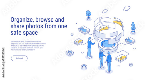 Organize, browse and share photos from one safe space. People stands next to a lot of data, pictures. Electronic file organization service concept. Isometric vector illustration.