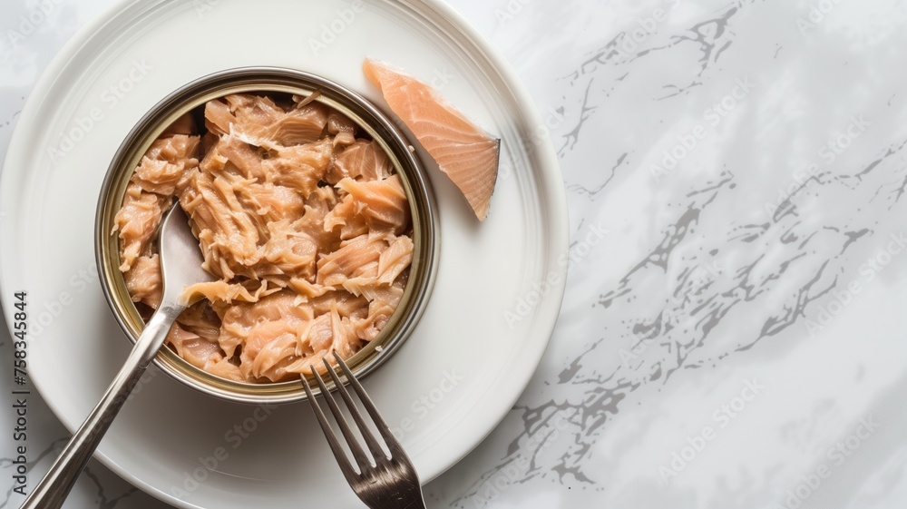 Opened can of tuna on a white plate with marble background Opened can of tuna on a white plate with marble background