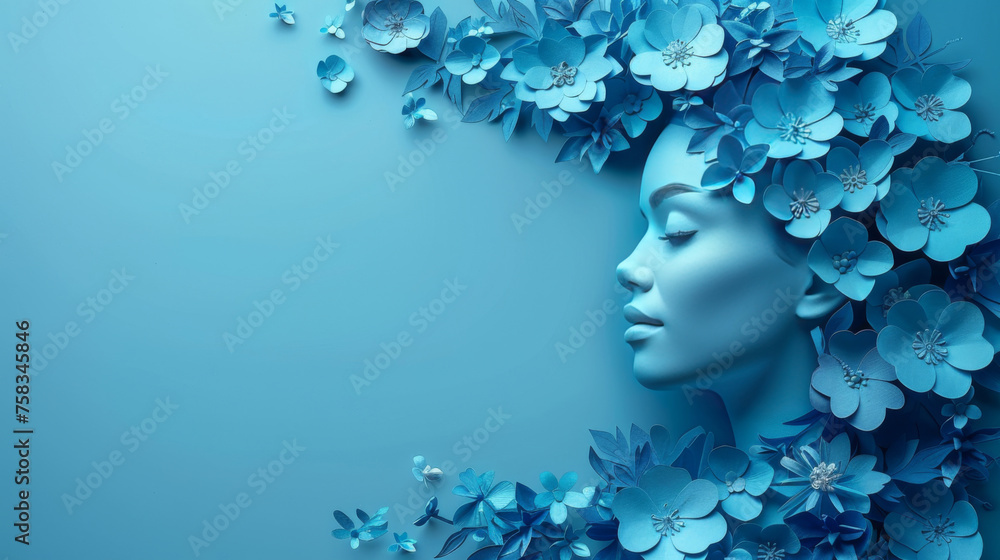 Artistic profile of a woman surrounded by blue floral elements, illustrating serenity and natural beauty.