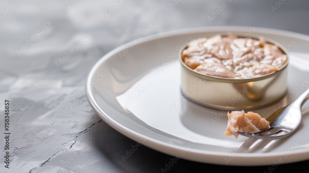 Open tuna can on a ceramic plate with a fork, simple and clean Open tuna can on a ceramic plate with a fork, simple and clean