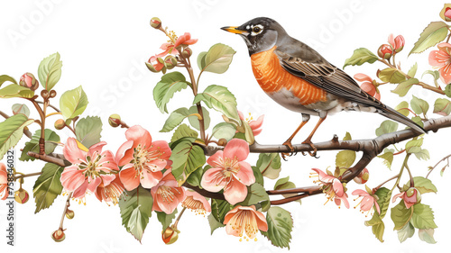 an American robin (Turdus migratorius) on a branch, amongst fruit tree blossoms, PNG, horizontal format, Spring wildlife-themed, isolated, and transparent photorealistic illustration. Generative ai © Purple Penguin GFX