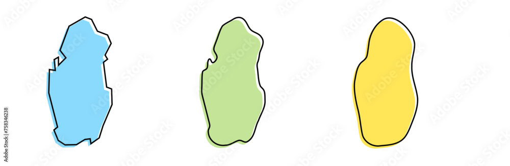Qatar country black outline and colored country silhouettes in three different levels of smoothness. Simplified maps. Vector icons isolated on white background. Qatar country black outline and colored country silhouettes in three different levels of smoothness. Simplified maps. Vector icons isolated on white background.