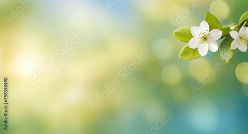 Blurred spring summer nature background with green meadow, blue sky and sunlight