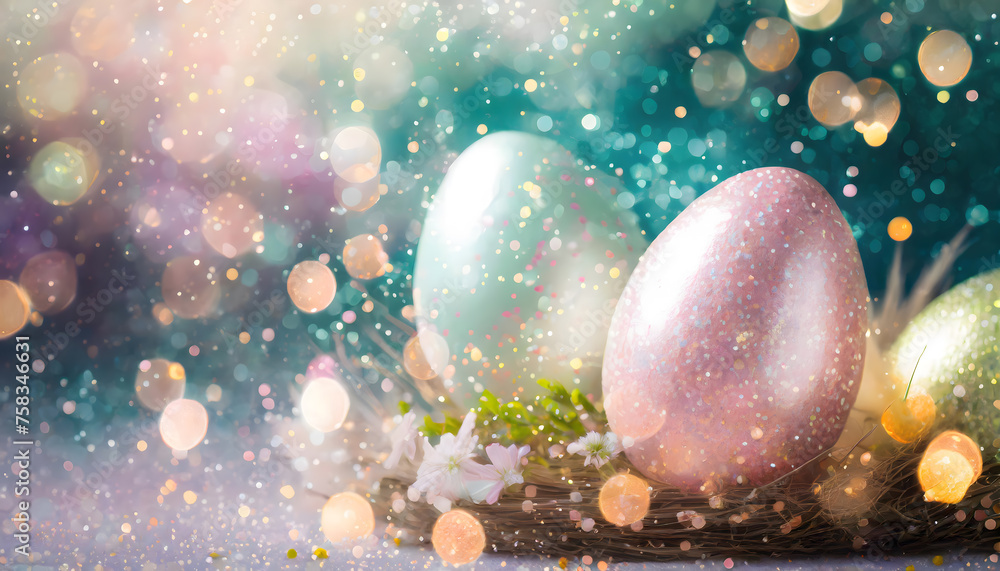 Glitter pastel Easter eggs with a magical bokeh background and copy space Glitter pastel Easter eggs with a magical bokeh background and copy space
