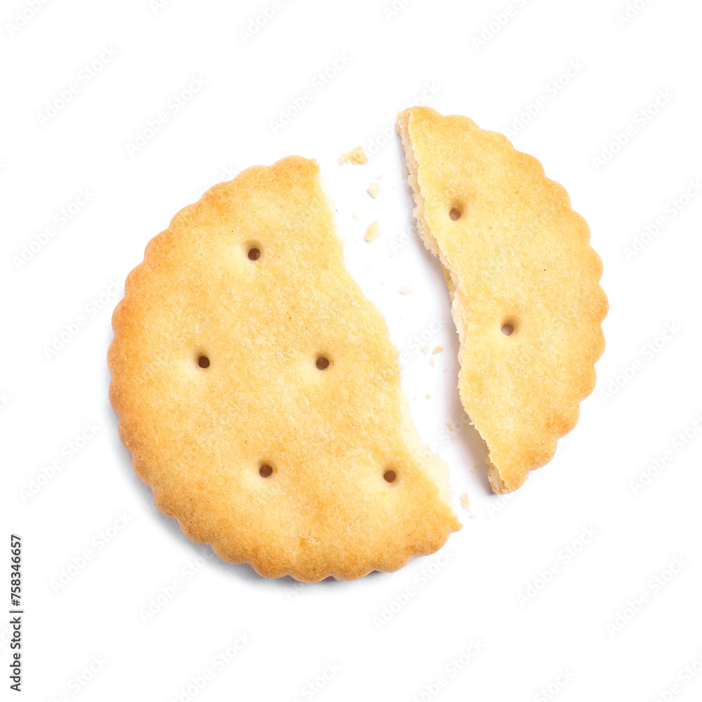 Crispy broken cracker isolated on white, top view Crispy broken cracker isolated on white, top view
