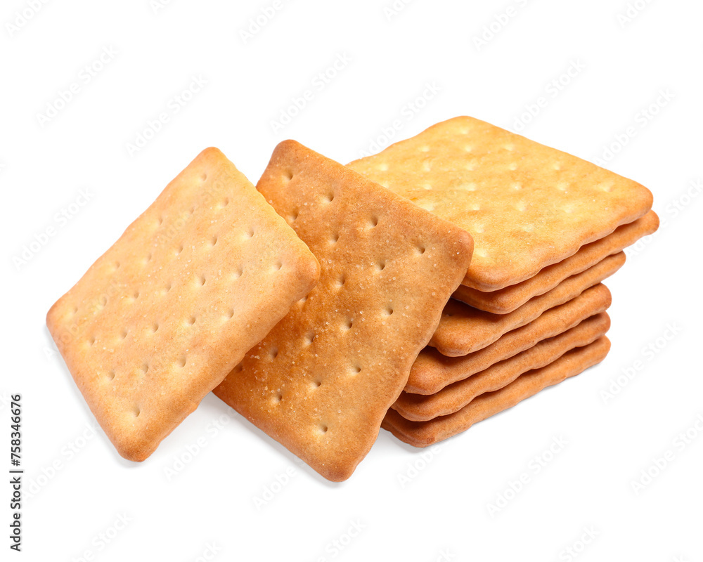 Tasty crispy square crackers isolated on white Tasty crispy square crackers isolated on white
