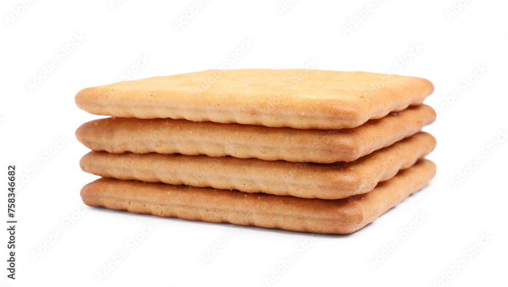 Tasty crispy square crackers isolated on white Tasty crispy square crackers isolated on white