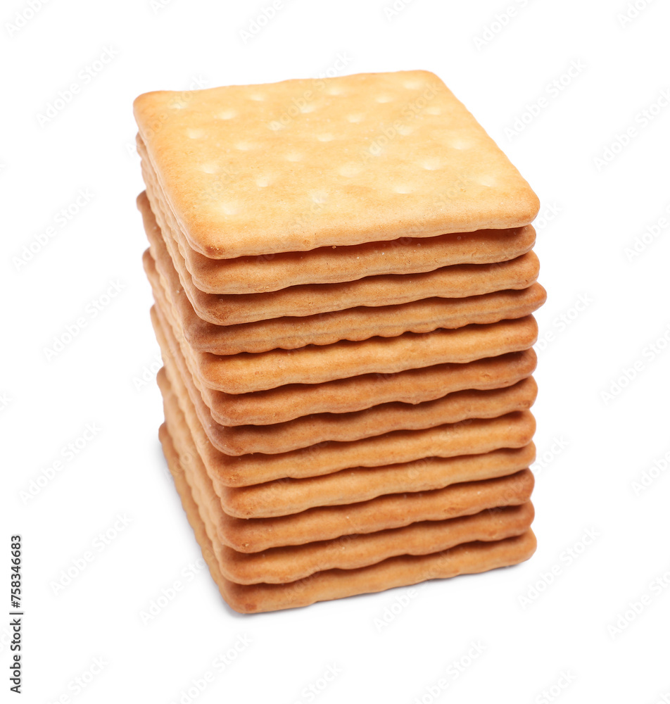 Tasty crispy square crackers isolated on white Tasty crispy square crackers isolated on white
