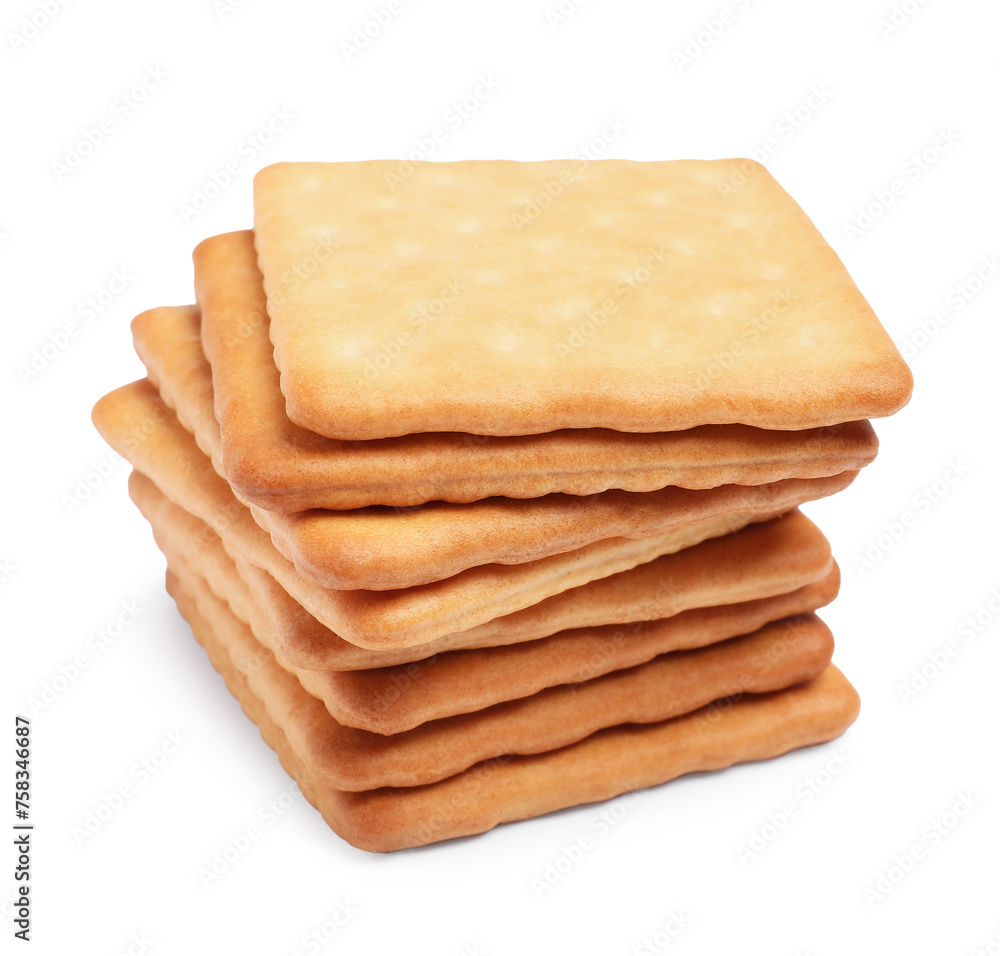 Tasty crispy square crackers isolated on white Tasty crispy square crackers isolated on white