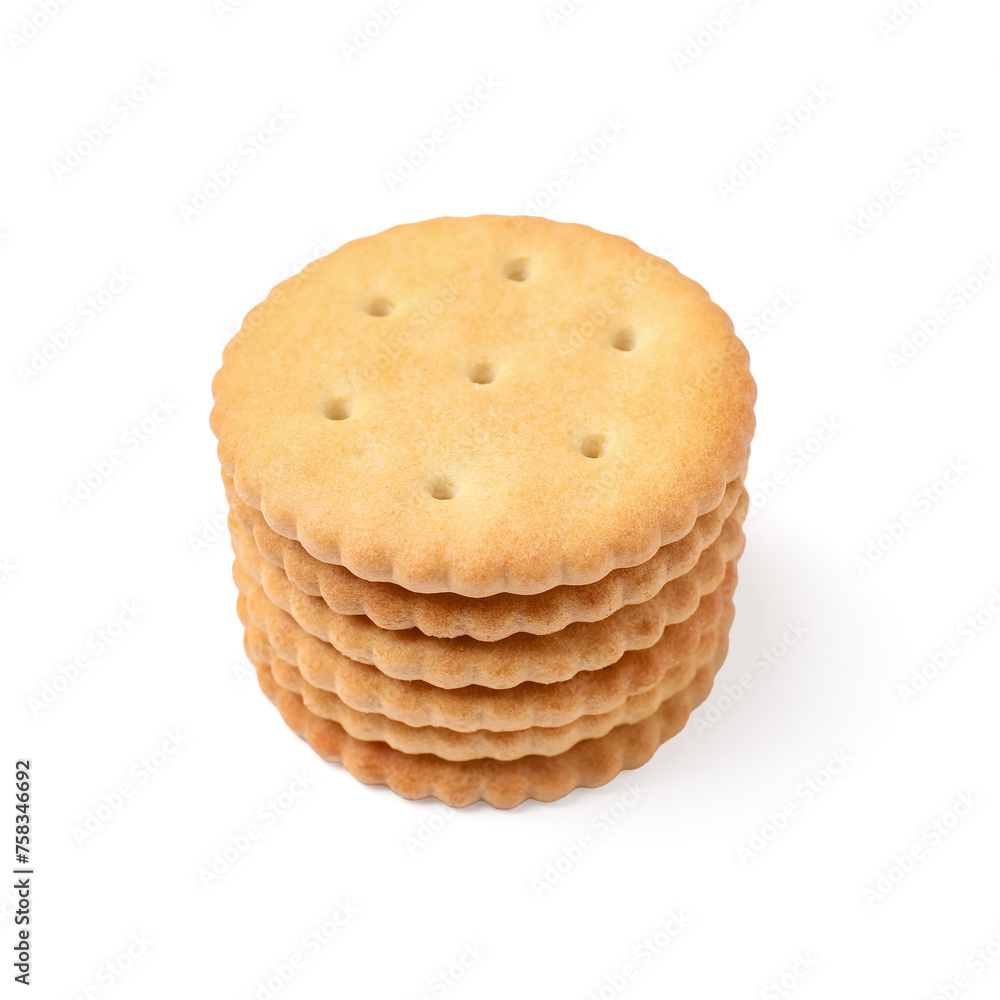 Tasty crispy round crackers isolated on white Tasty crispy round crackers isolated on white
