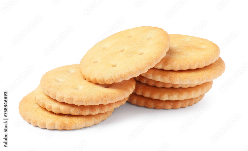 Tasty crispy round crackers isolated on white Tasty crispy round crackers isolated on white