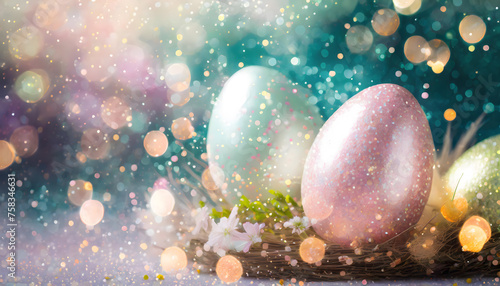 Glitter pastel Easter eggs with a magical bokeh background and copy space