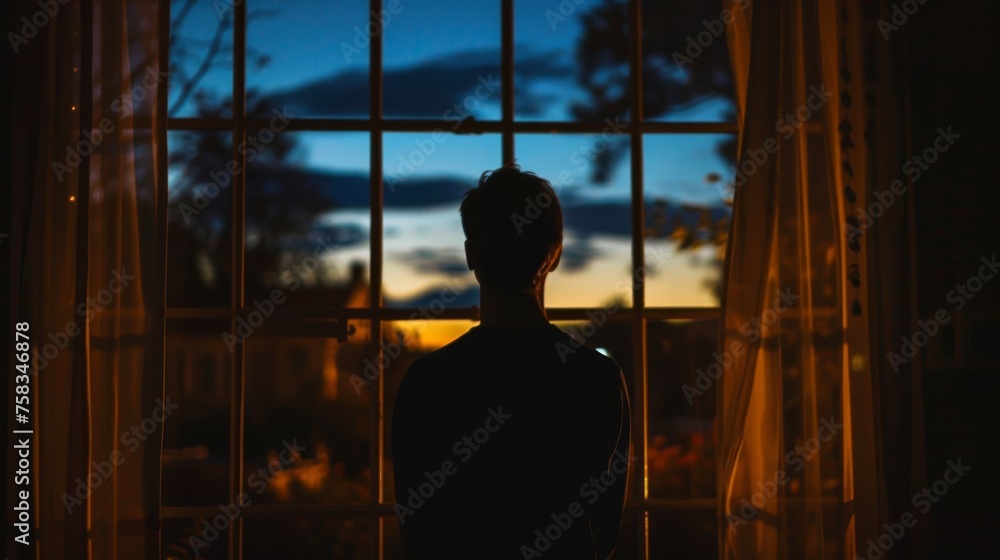 A contemplative man stands silhouetted against a large window, gazing out at the twilight sky, evoking a sense of introspection