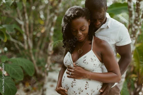 An affectionate couple in a tropical setting, with the man embracing the pregnant woman's belly photo