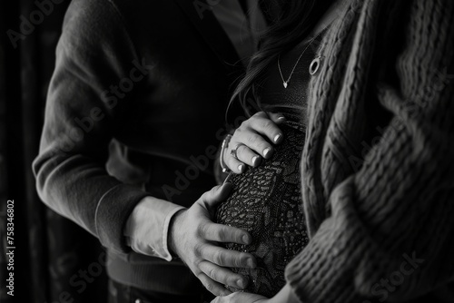Two hands cradling a pregnant belly, intimate maternity moment captured in monochrome