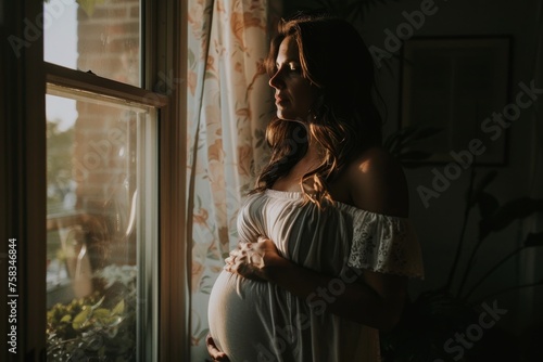 Soft light filters through curtains as an expectant mother lovingly cradles her belly in a quiet, intimate moment