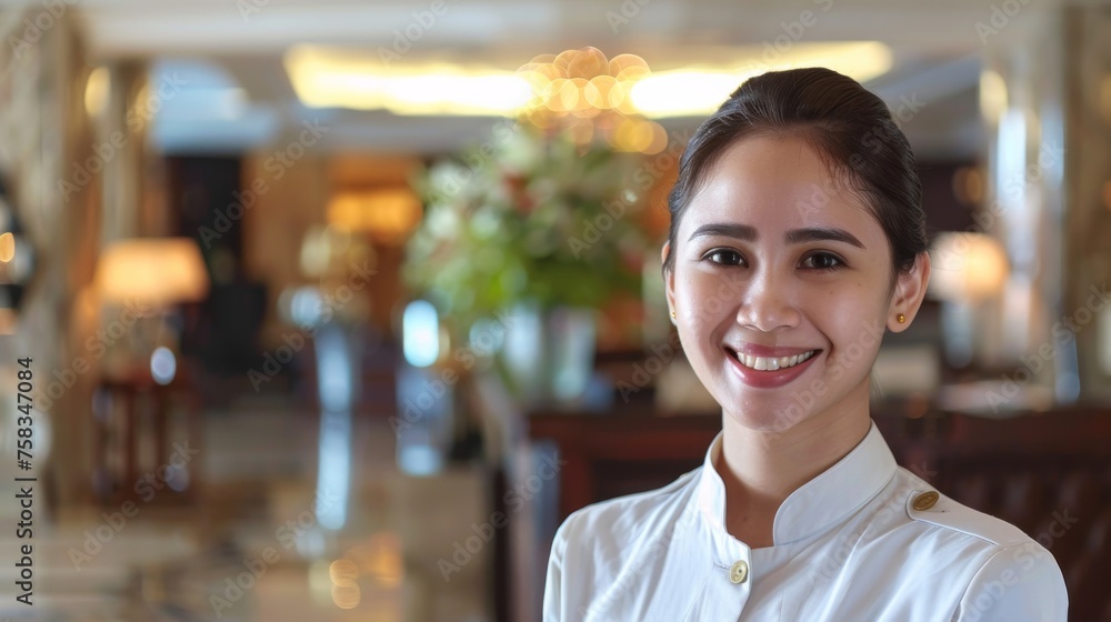 A female hotel employee with a pleasant smile stands confidently in an opulent hotel lobby A female hotel employee with a pleasant smile stands confidently in an opulent hotel lobby