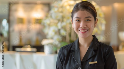 An Asian hotel worker’s warm smile complements the classy atmosphere of the hospitality environment