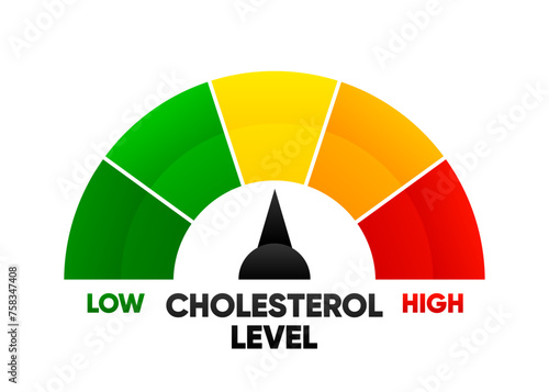 Cholesterol level meter with low and high fat test. Blood risk. Cholesterol level meter gauge with arrow indicator. Vector illustration.