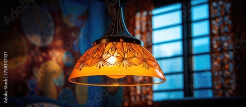 An electric blue pendant light fixture hangs symmetrically from the ceiling in front of a window, casting fluid shades of amber and glass reflections