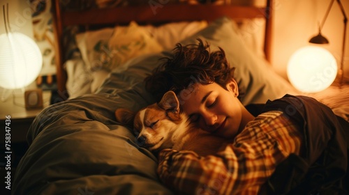 Cozy scene with a person and a dog sleeping together, comfortably nestled in a warm bed