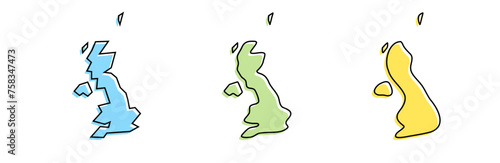 United Kingdom of Great Britain and Northern Ireland country black outline and colored country silhouettes in three different levels of smoothness. Simplified maps. Vector icons isolated on white
