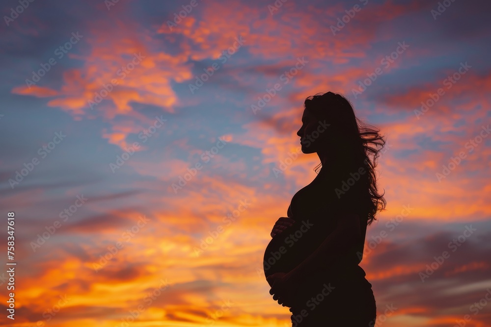 The profile of a pregnant woman stands out against a fiery orange and red dusk sky, symbolizing hope and the circle of life