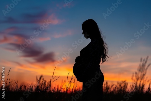 The silhouette of an expectant mother standing in tall grass as the sun goes down, evoking a sense of contemplation
