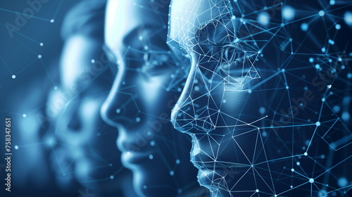 Group of female faces undergo digital biometric facial recognition system. Deepfake. Scanning. Halogram. 