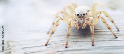 An arachnid, specifically a white spider, is perched on a wooden surface. This terrestrial animal is an arthropod and invertebrate, captured in macro photography