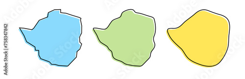 Zimbabwe country black outline and colored country silhouettes in three different levels of smoothness. Simplified maps. Vector icons isolated on white background.
