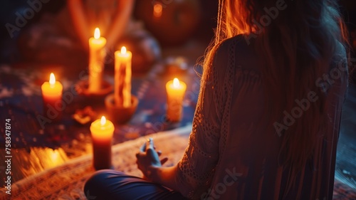 A tranquil setting with a person meditating among glowing candles, evoking calm