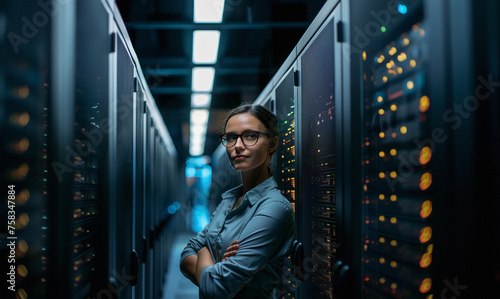A woman standing in a server room with arms crossed