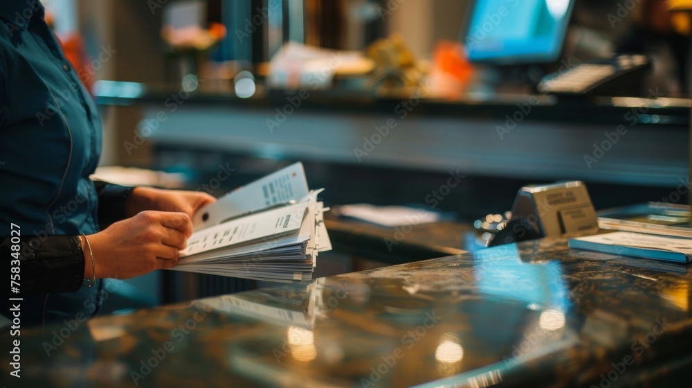 A hotel receptionist attentively reviews documents, capturing the professionalism and diligence of the hospitality industry A hotel receptionist attentively reviews documents, capturing the professionalism and diligence of the hospitality industry