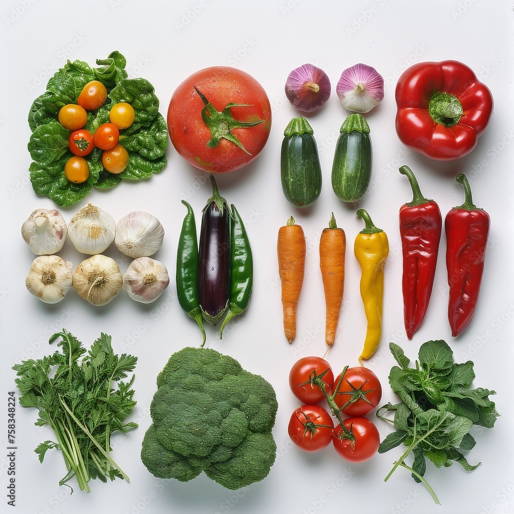 An array of bright fresh vegetables neatly arranged on a clean An array of bright fresh vegetables neatly arranged on a clean