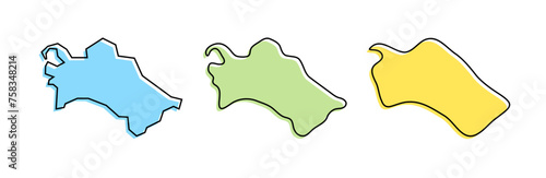 Turkmenistan country black outline and colored country silhouettes in three different levels of smoothness. Simplified maps. Vector icons isolated on white background.