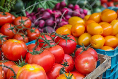 Freshly picked, ripe tomatoes of different colors on display at a local farmer's market stall
