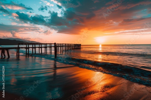 People enjoying a vivid sunset by a wooden pier on a sandy beach, reflecting the beauty of nature's moments