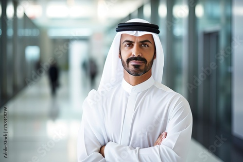 Arab businessman standing in a modern hallway with his arms crossed, Copy Space - generative ai