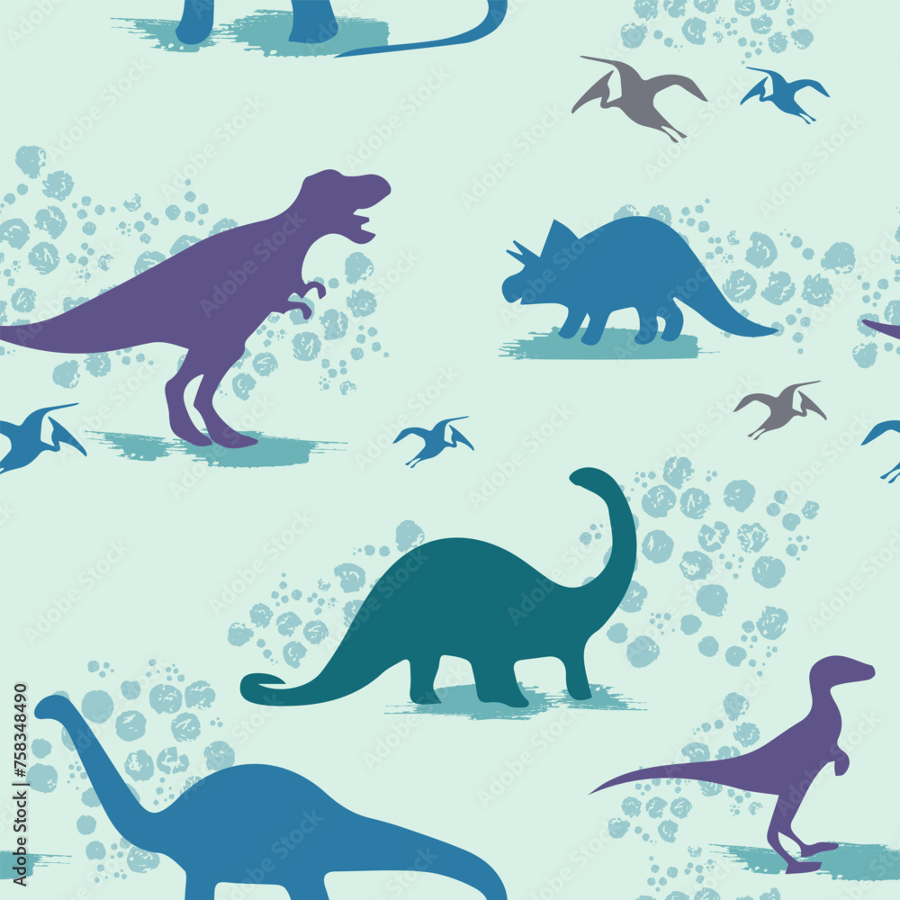 Colorful cute dinosaurs. Seamless pattern with silhouettes of dinos and texture on the background. Vector template for fabric, textile and wrapping paper Colorful cute dinosaurs. Seamless pattern with silhouettes of dinos and texture on the background. Vector template for fabric, textile and wrapping paper