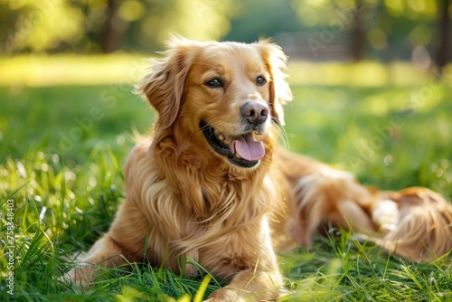 A serene golden retriever dog lies in the grass, enjoying a sunlit day with a content expression