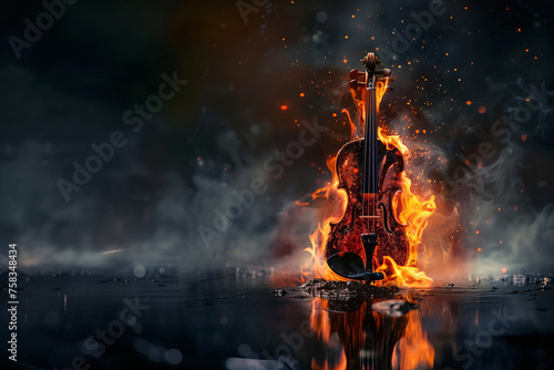 A violin on fire, surrounded by smoke and flames