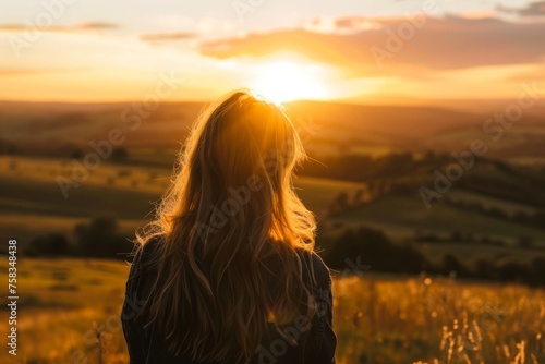 Back view of a woman with long hair standing in a field, watching a picturesque sunset over rolling hills © ChaoticMind