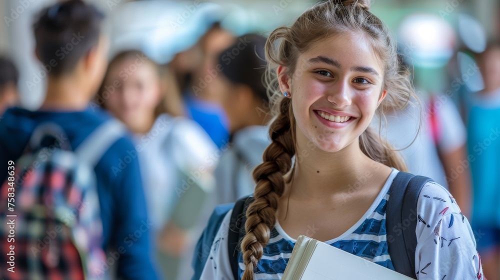 A joyful female student with a braid and holding books smiles in a crowded school setting A joyful female student with a braid and holding books smiles in a crowded school setting