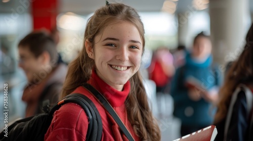 A redheaded young female student grins at the camera, backpack slung, inside a busy school hall