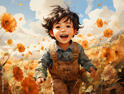 happy kid chasing sunflowers in the field