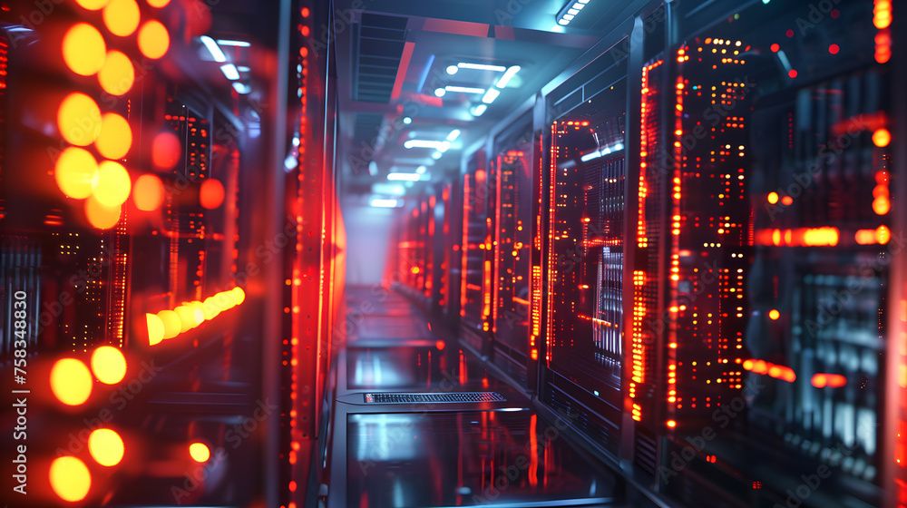 A futuristic data center, with details of the glowing servers, the blinking lights, and the cooling system. A futuristic data center, with details of the glowing servers, the blinking lights, and the cooling system.