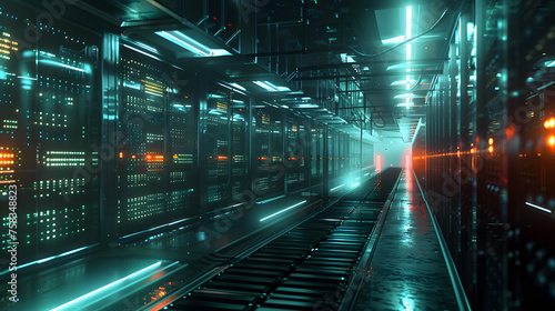 A futuristic data center, with details of the glowing servers, the blinking lights, and the cooling system. © Nawarit